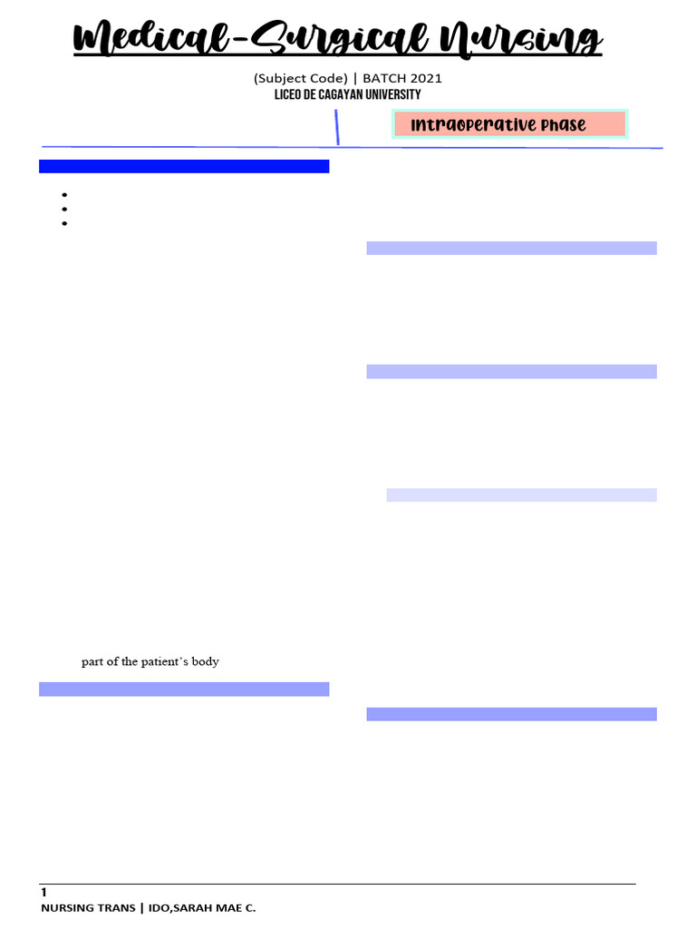 Intraoperative Nursing Care Guide | PDF | Anesthesia | Surgery