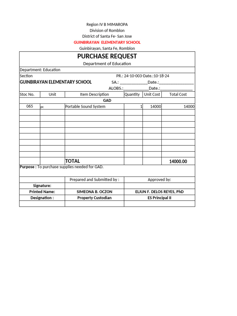 Purchase Request: Total | PDF