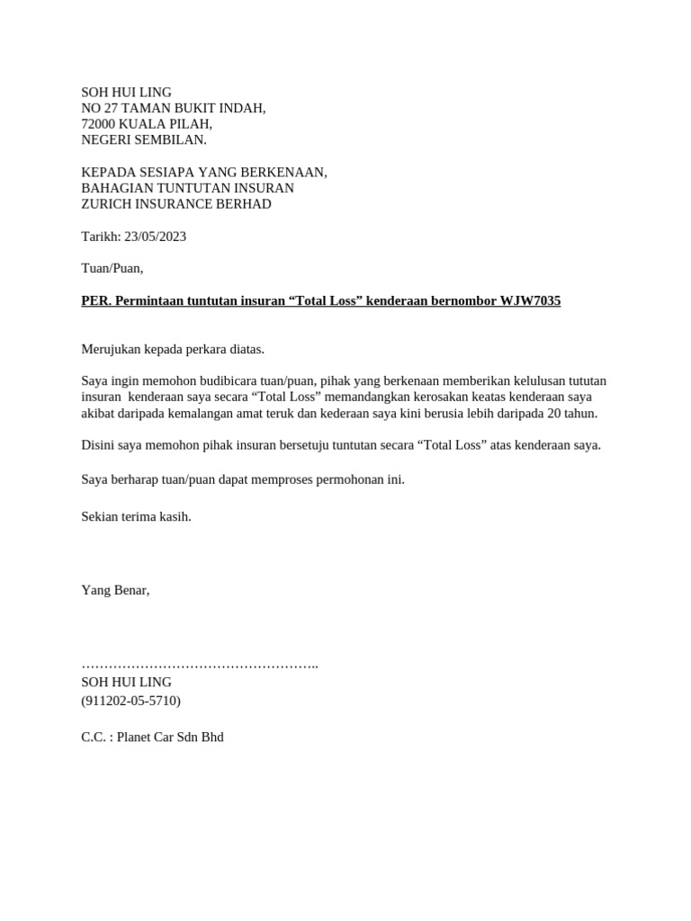 Surat Permintaan Total Loss Claim | PDF