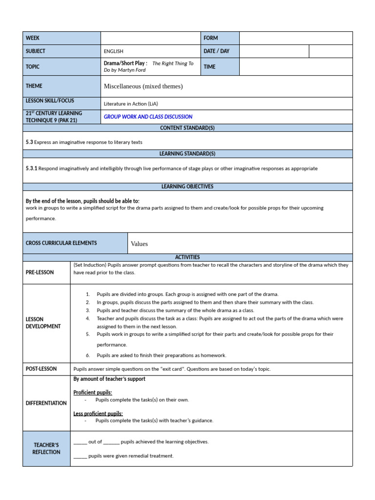 LESSON Literature - Short Play | PDF | Teachers | Learning