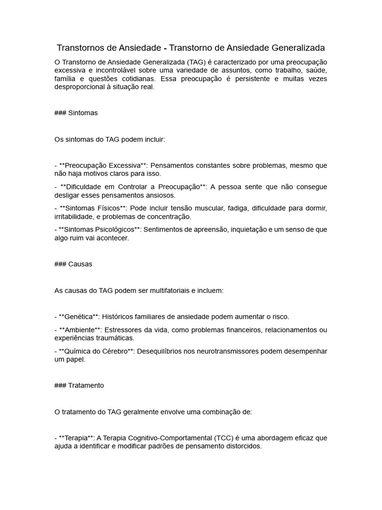 Transtorno de Ansiedade Generalizada: Sintomas e Tratamento | PDF ...