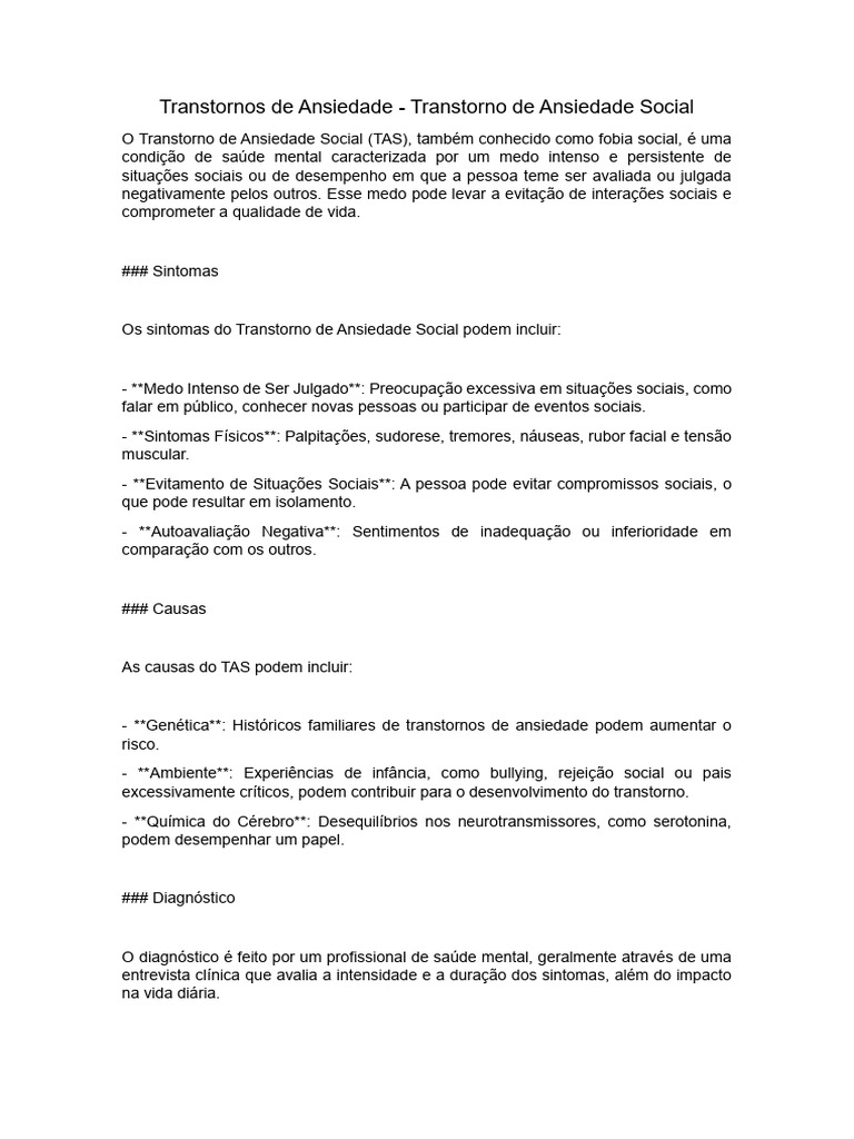 Sintomas e Tratamento da Ansiedade Social | PDF | Transtorno de ...