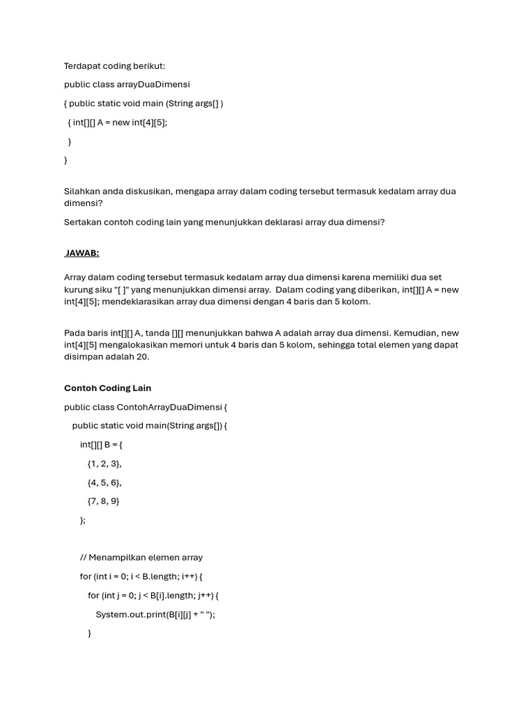 Deklarasi dan Contoh Array Dua Dimensi | PDF