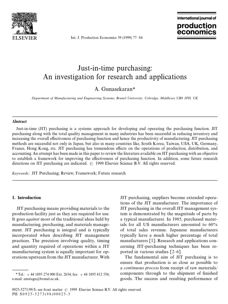 JIT Purchasing: Framework and Research Insights | PDF | Supply Chain ...
