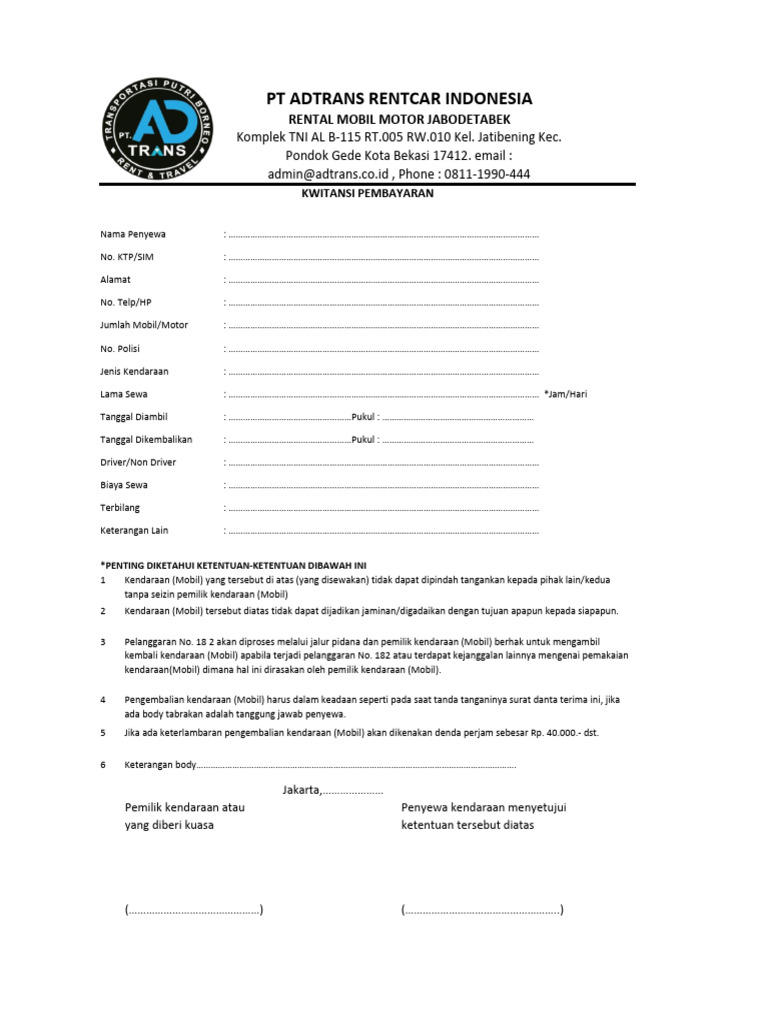 Contoh Nota dan Kwitansi Rental Mobil | PDF