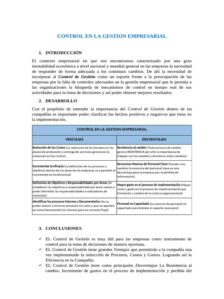Control de Gestión en Empresas: Ventajas y Desventajas | PDF | Business ...
