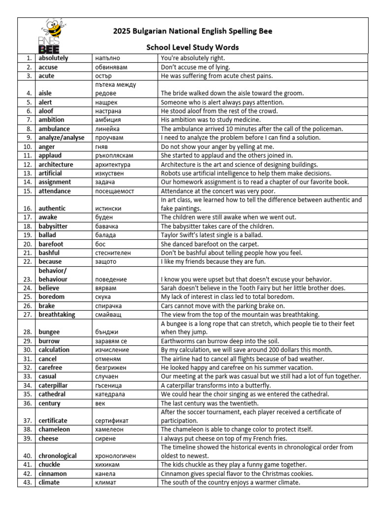 2025 Spelling Bee Study Word List PDF