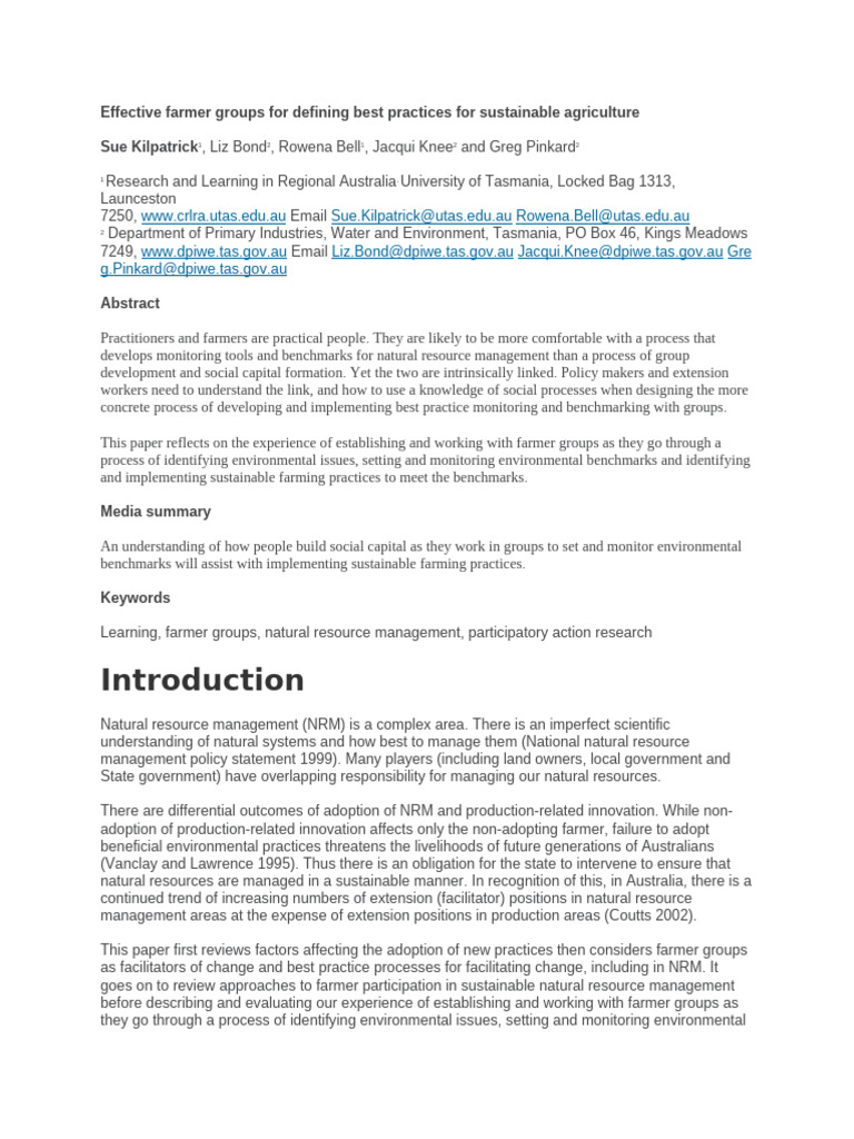 Effective Farmer Groups For Defining Best Practices For Sustainable ...