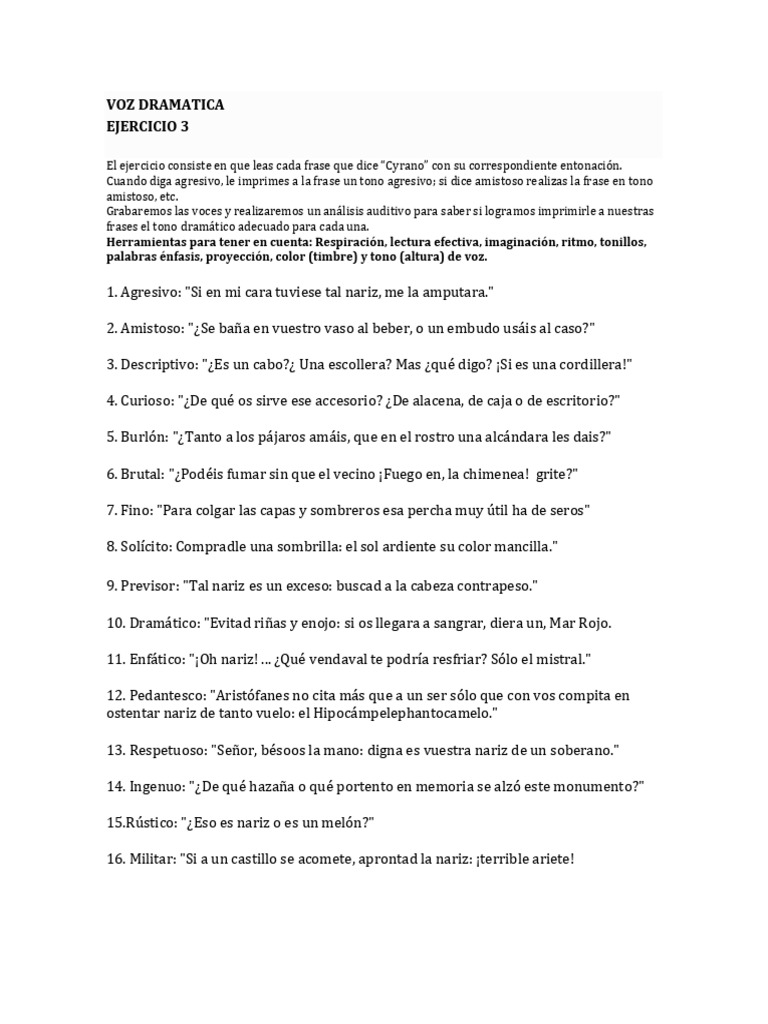 Ejercicio de Voz Dramática: Tono y Entonación | PDF