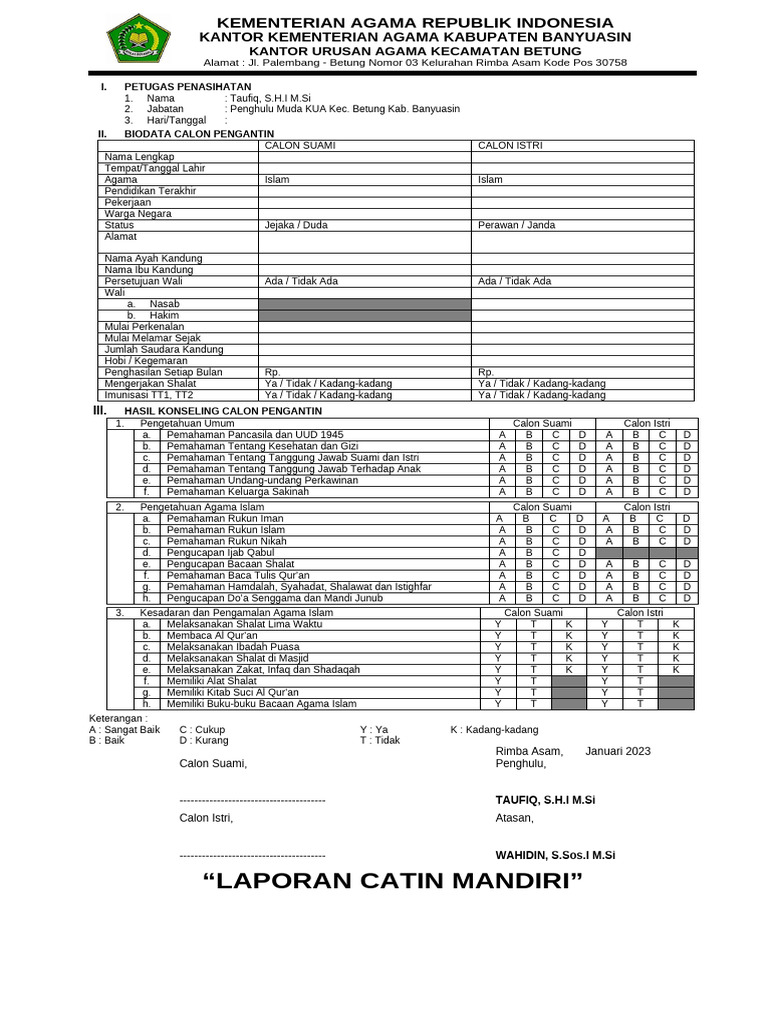 Laporan Catin Mandiri KUA Betung | PDF