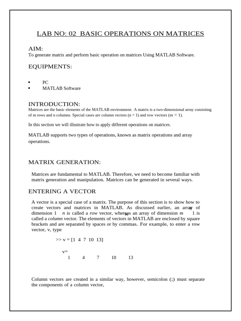 Basic Matrix Operations in MATLAB | PDF | Matrix (Mathematics) | Matlab