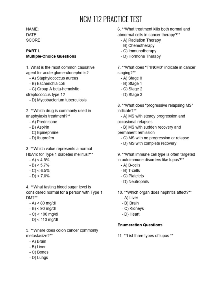 NCM 112 Medical Practice Test Guide | PDF | Cancer | Epidemiology