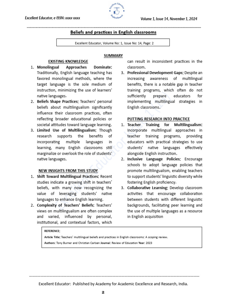 Beliefs and Practices in English Classrooms | PDF | Teachers ...