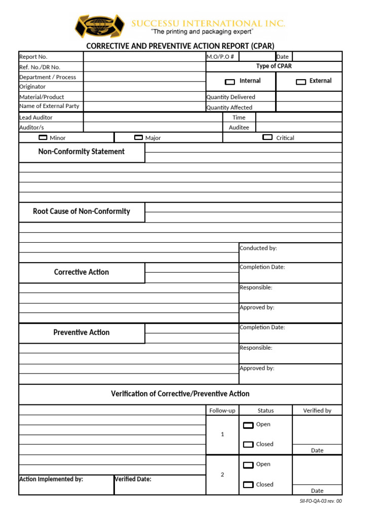 CPAR Form for SuccessU International Inc. | PDF | Quality | Quality ...