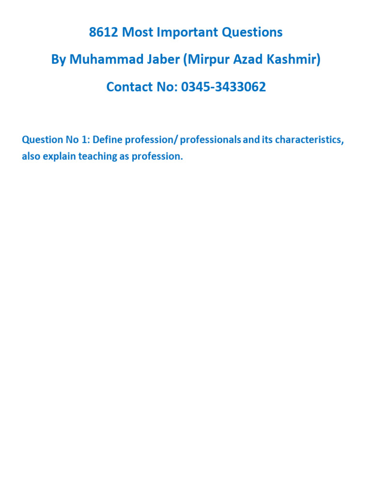 8612 B.Ed Important Questions Overview | PDF | Teachers | Profession