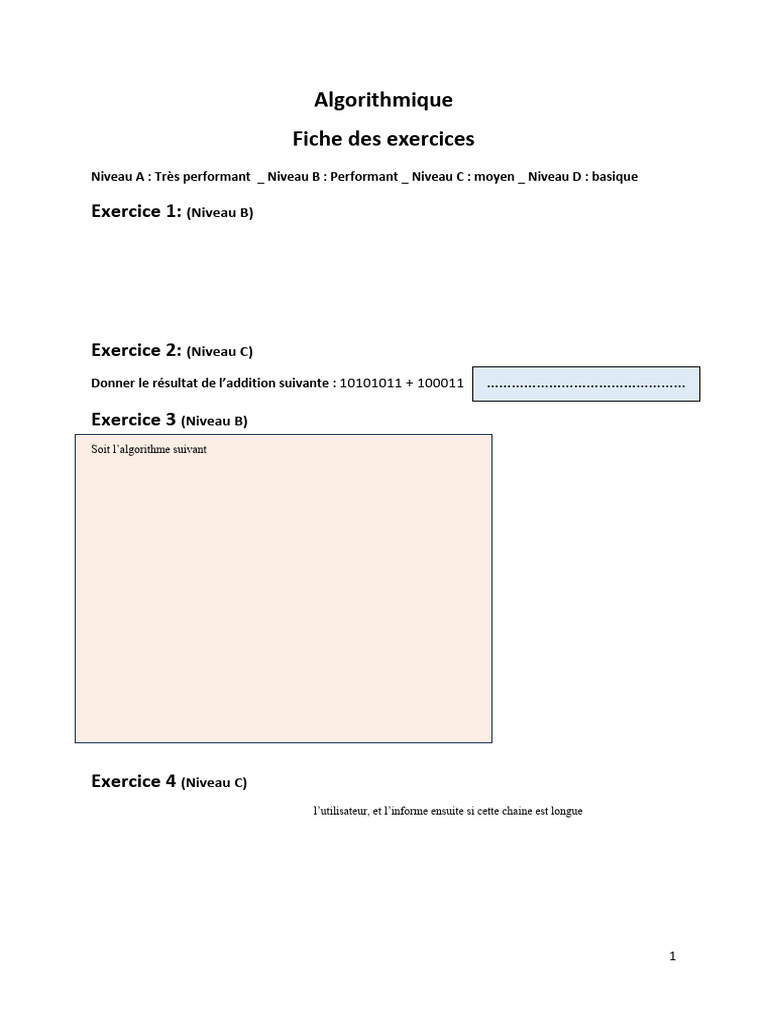 Exercices d'algorithmique pour niveaux A à D | PDF | Informatique ...