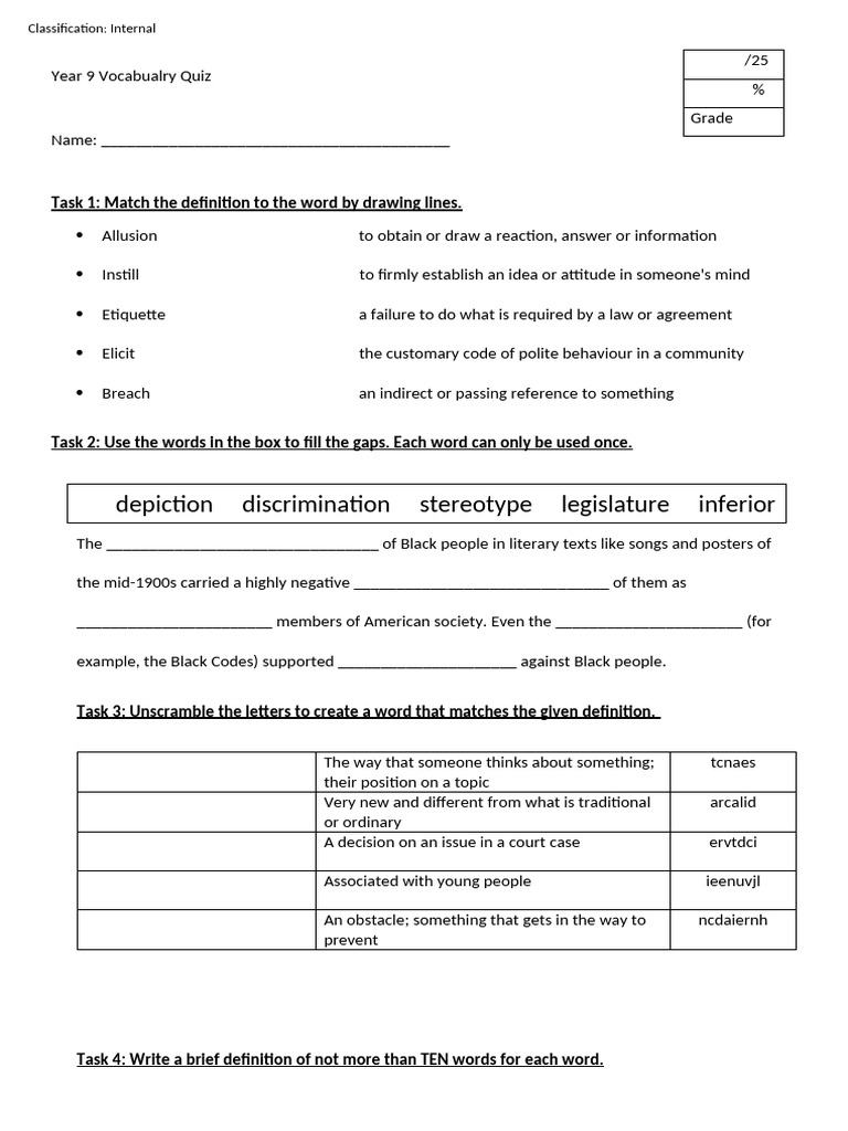 Year 9 Term 1a Vocabulary Quiz | PDF | Social Psychology