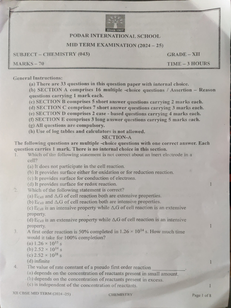 XII CBSE Chemistry Mid Term Exam 2024-25 | PDF | Redox | Chemical Reactions