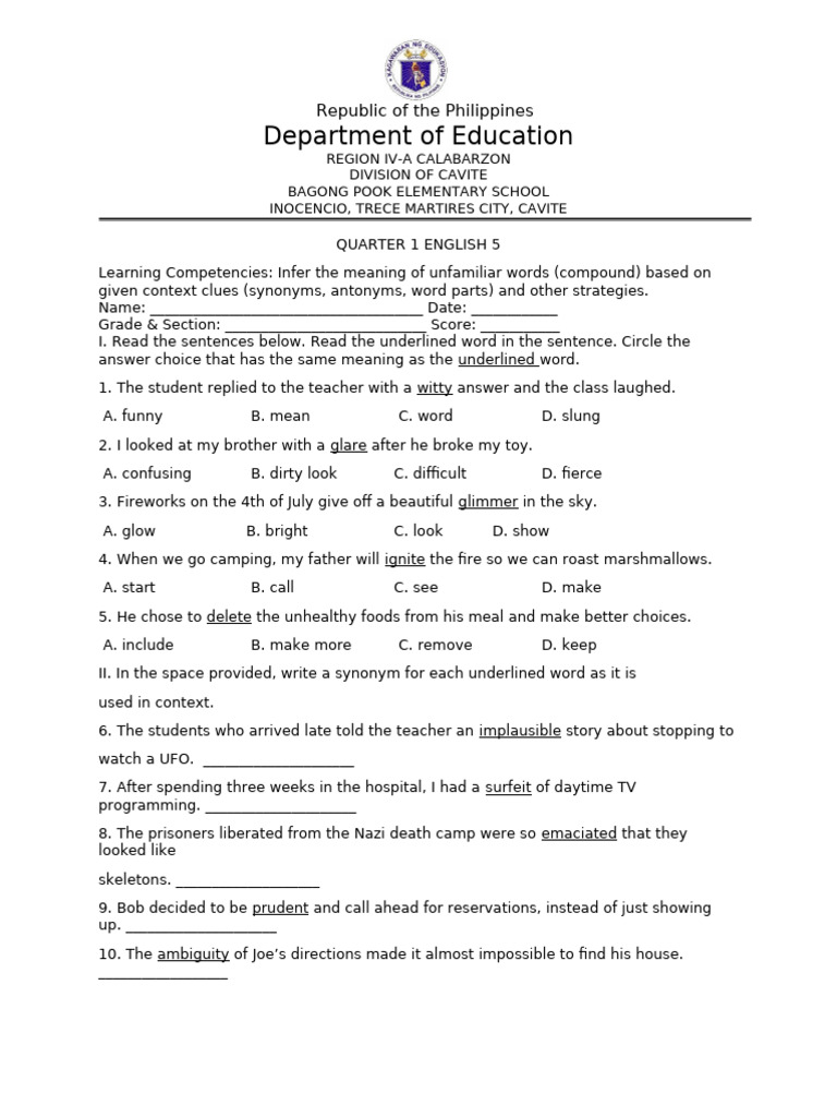 English 5 Vocabulary Practice | PDF | Language Arts & Discipline | Wellness