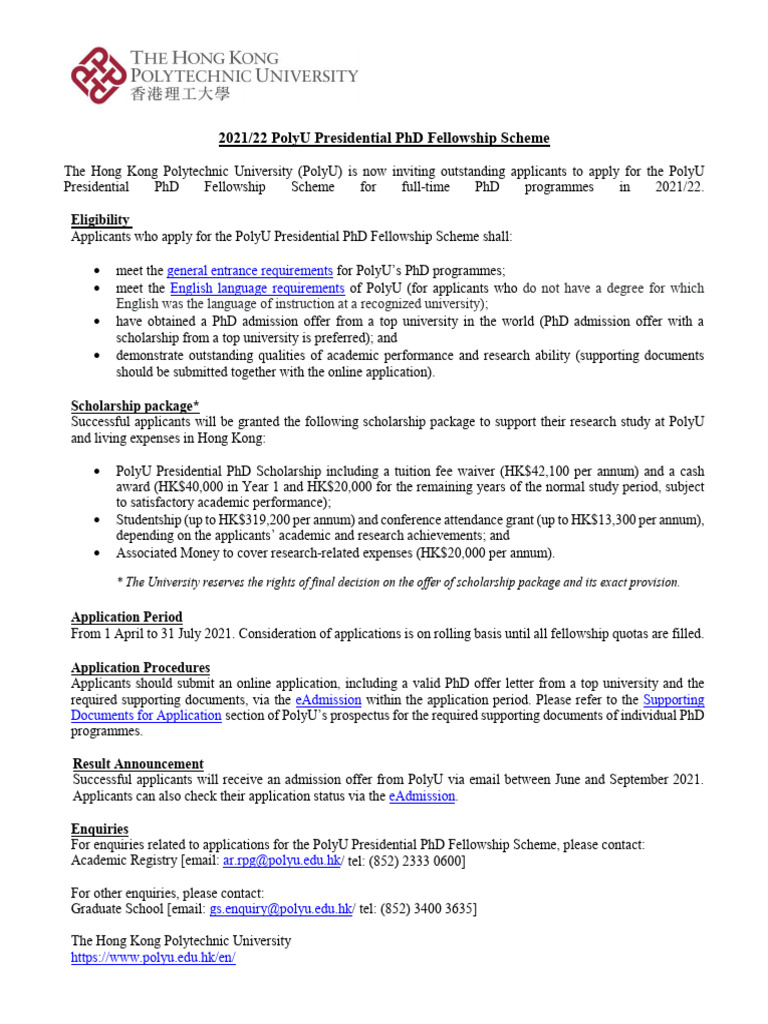 2021 22 Polyu Presidential PHD Fellowship Scheme Chi Eng | PDF