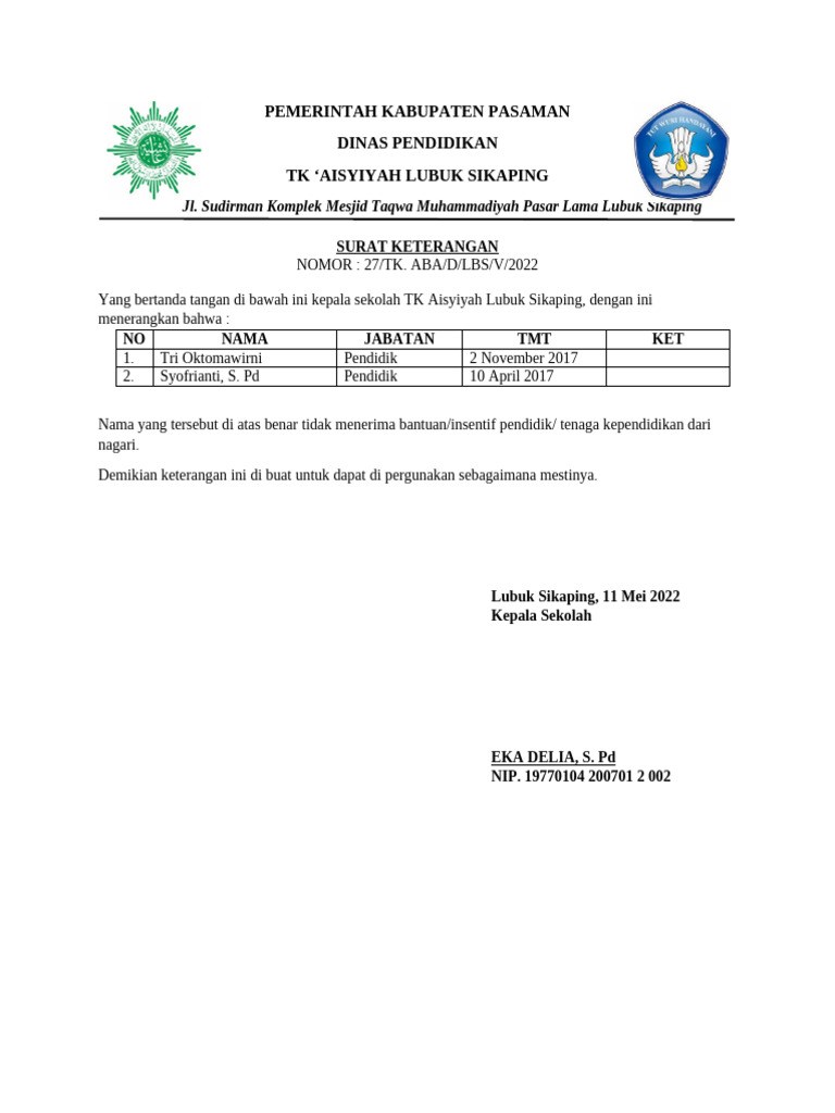 Surat Keterangan Insentif | PDF