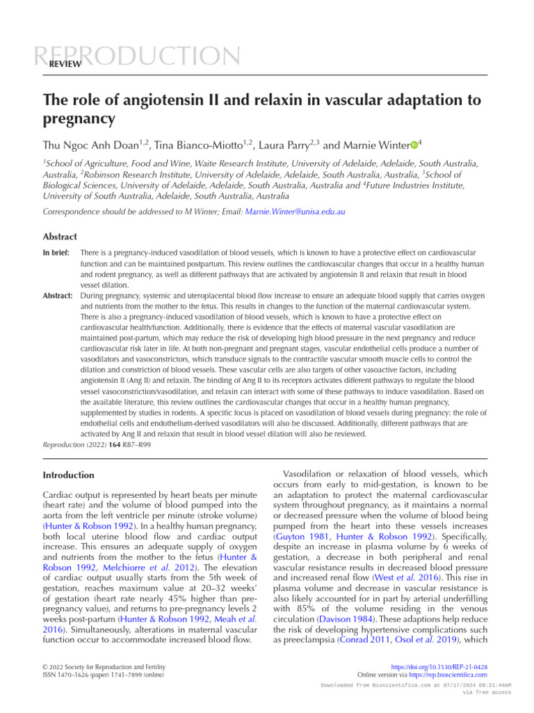 The Role of Angiotensin II and Relaxin in Vascular Adaptation 2022 ...