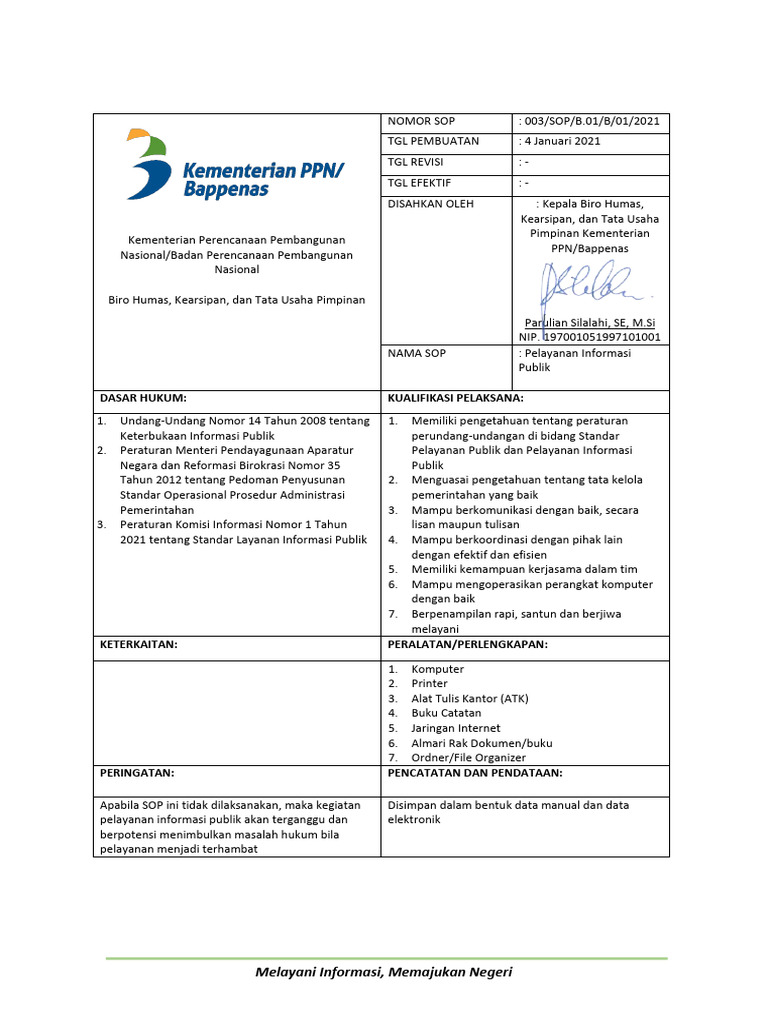 Update Sop Pelayanan Informasi - Bappenas | PDF