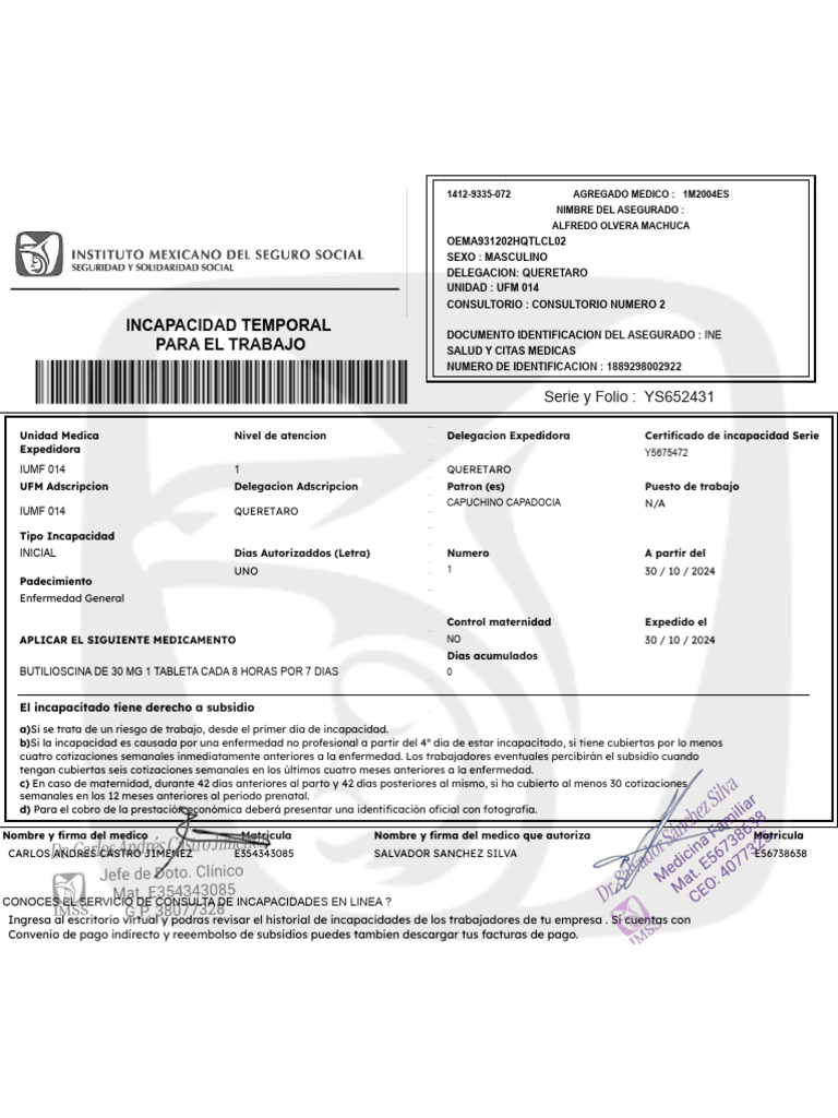 Incapacidad Temporal Alfredo Olvera | PDF | Cuidado de la salud