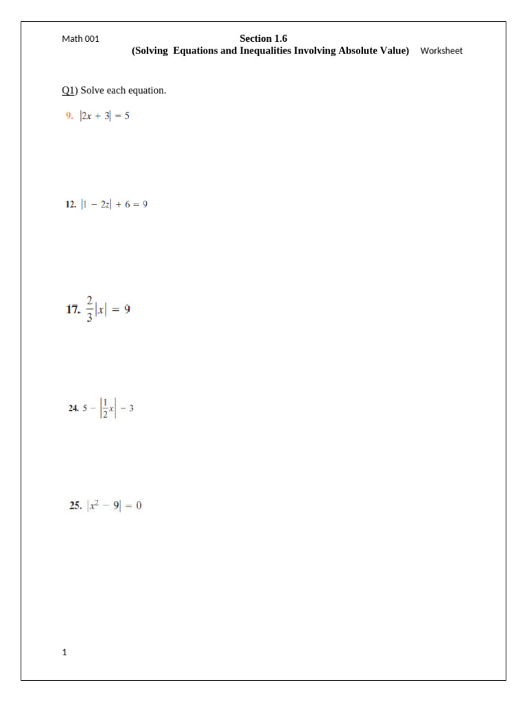 Absolute Value Equations Worksheet | PDF