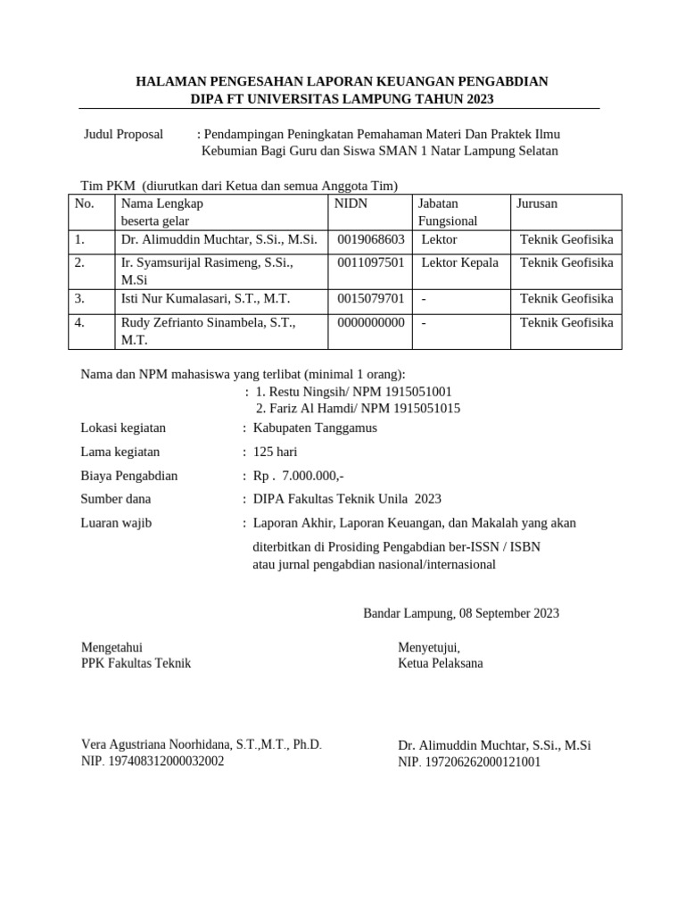 Halaman Pengesahan Laporan Keuangan Pkm Dipa Ft 2023 | PDF