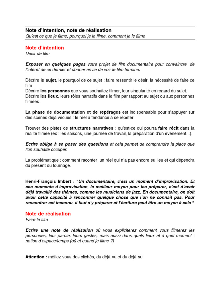 Rédiger une note d'intention documentaire | PDF | Maison et jardin