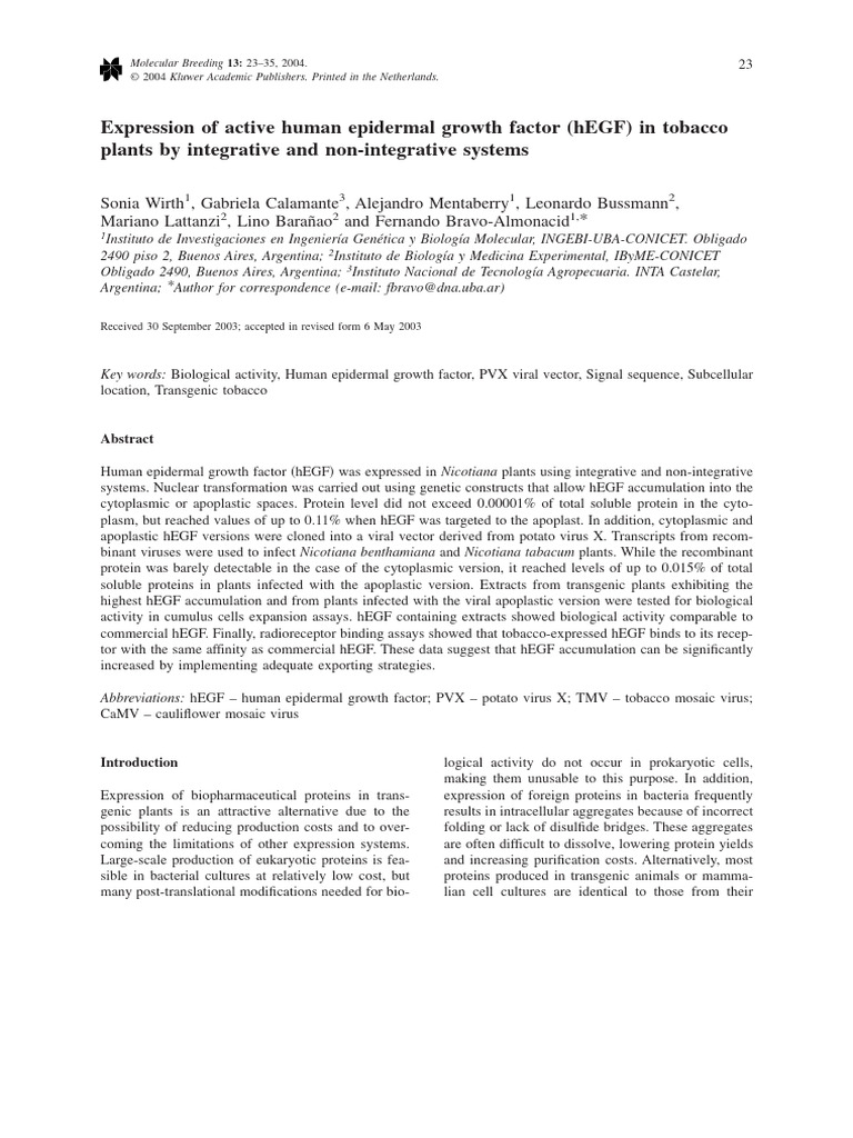 Expression of Active Human Epidermal Growth Factor (hEGF) in Tobacco ...
