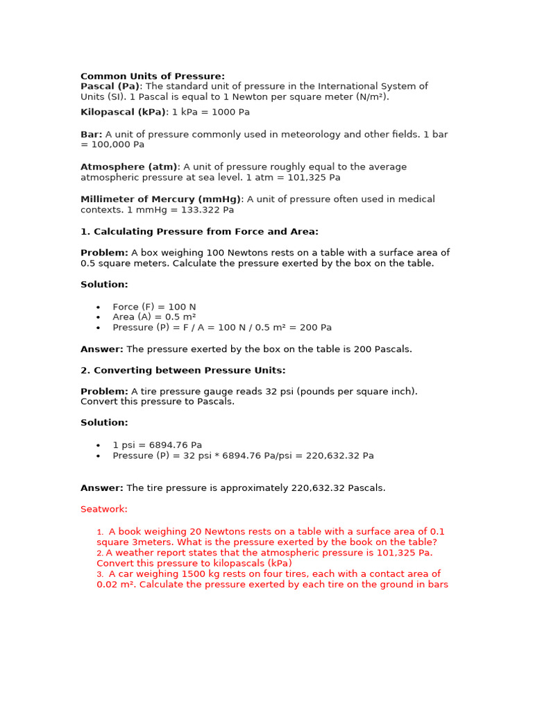 Worksheets On Pressure | PDF | Technology & Engineering