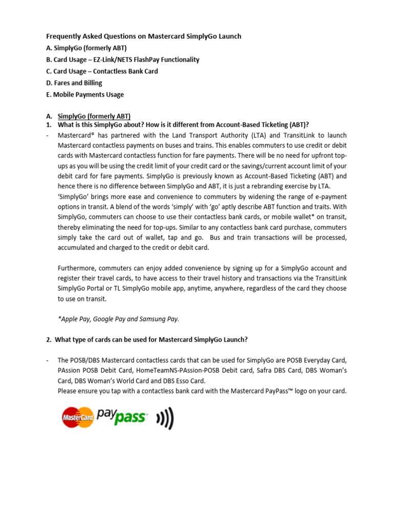 Mastercard SimplyGo FAQs and Usage Guide | PDF | Debit Card | Smart Devices
