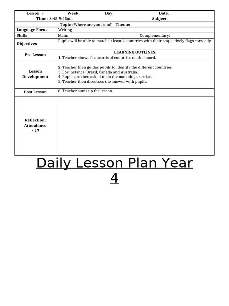 Year 4 Lesson Plan: Country Flags Matching | PDF