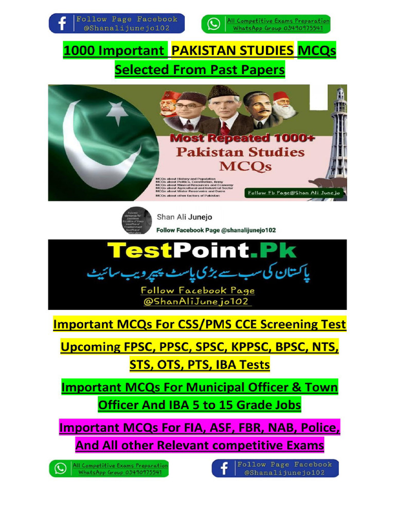 Most Repeated MCQs in Pakistan Studies | PDF