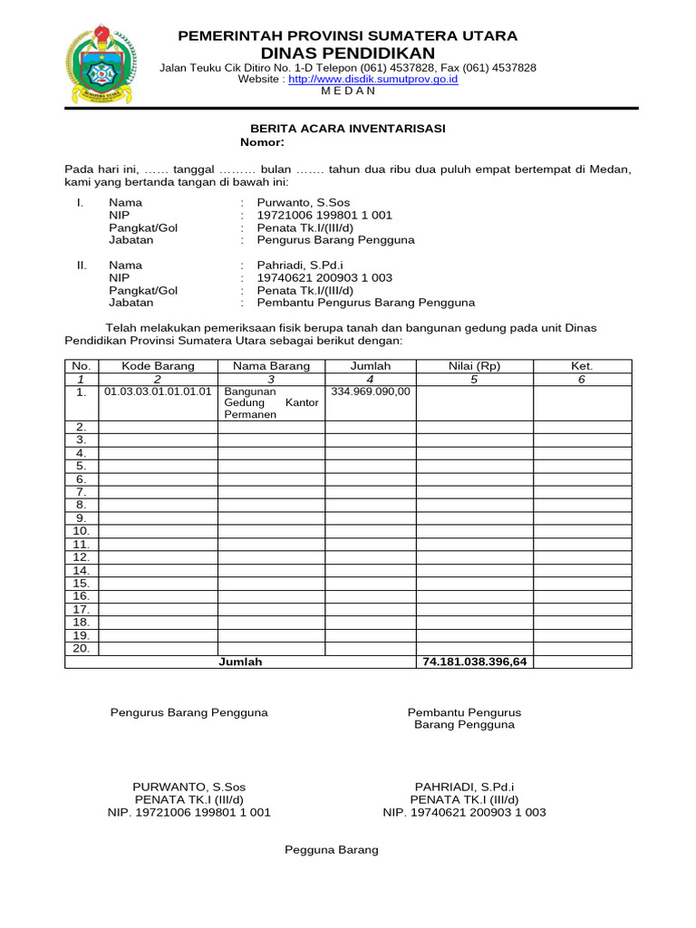 Berita Acara Inventarisasi Dinas Pendidikan | PDF