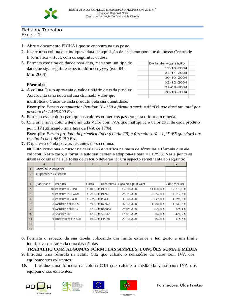 Excel: Cálculos e Formatação de Tabela | PDF