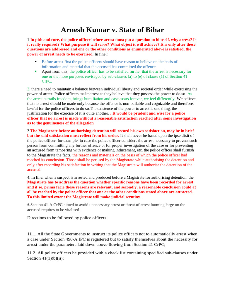 Arnesh Kumar v. State of Bihar Guidelines | PDF | Arrest | Justice