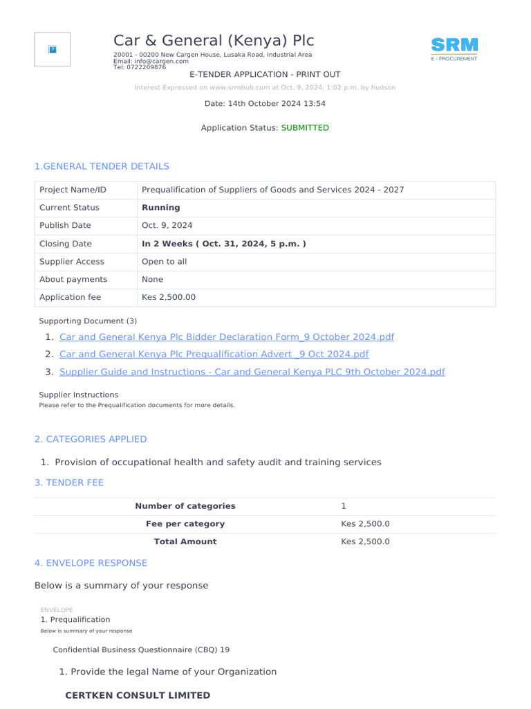 Car & General Kenya E-Tender Submission | PDF | Business