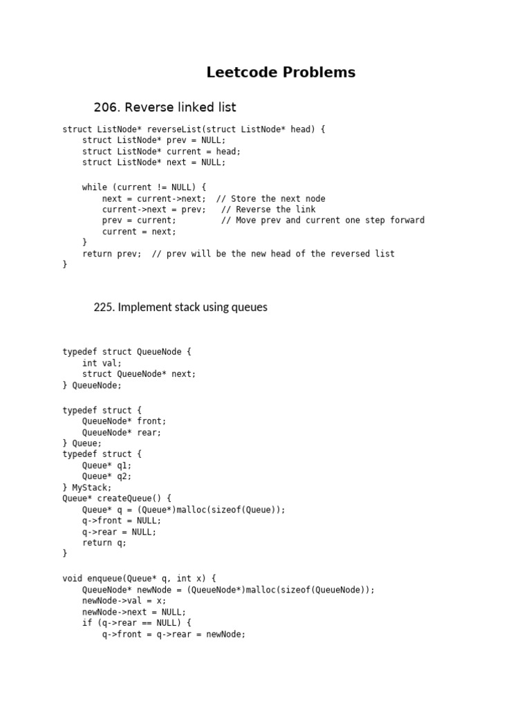 Leetcode Problems: 206. Reverse Linked List | PDF | Queue (Abstract ...