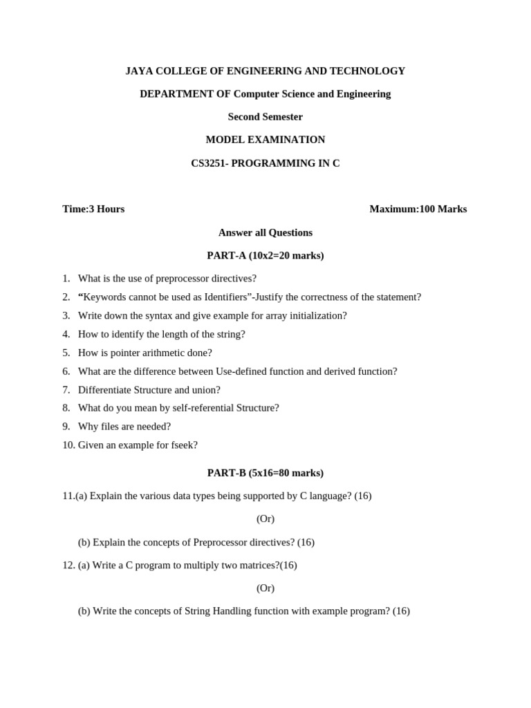 C Programming Model Exam Questions | PDF