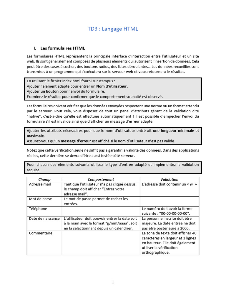 TD3: Langage HTML: I. Les Formulaires HTML | PDF | Html | Mot de passe