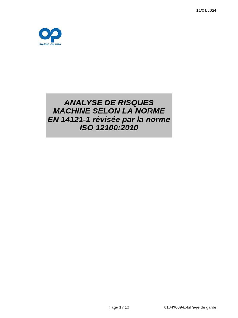 Analyse des Risques Machines EN 14121-1 | PDF | Risque | Gestion des ...