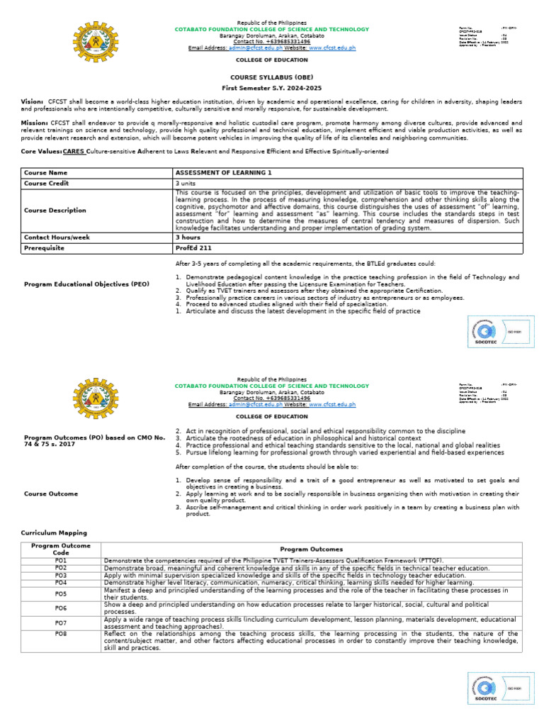 Course Syllabus: Assessment of Learning 1 | PDF | Teachers ...