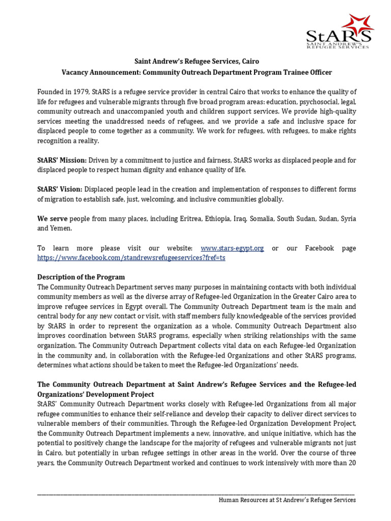 Community Outreach Trainee Vacancy | PDF | Refugee | Communication