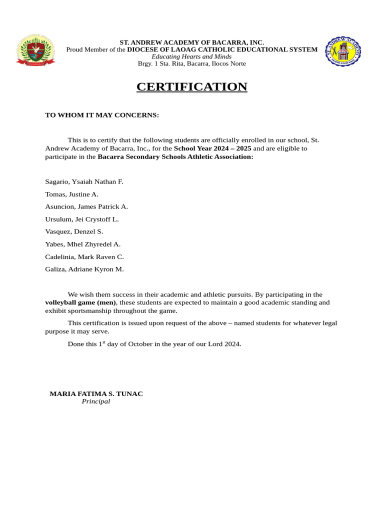 St. Andrew Academy Student Certifications 2024 | PDF | Sports & Recreation
