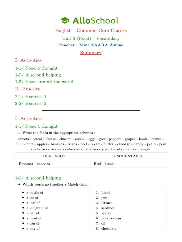 Unit 3 Food Vocabulary | PDF