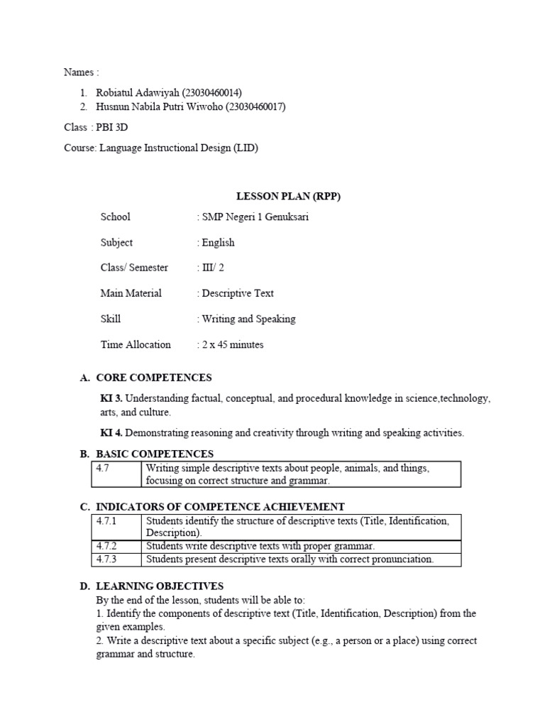 Descriptive Text Lesson Plan for English | PDF | English Language | Fluency