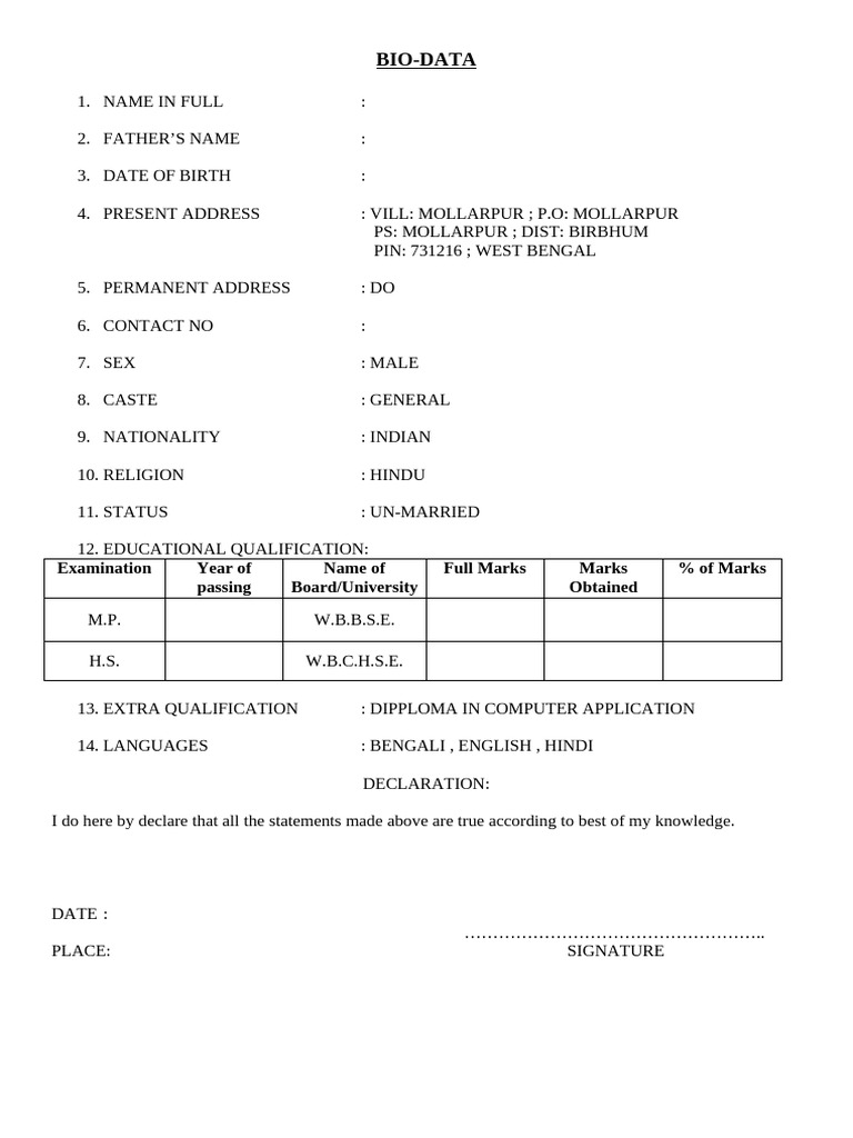 Personal Bio-Data Template | PDF | Wellness